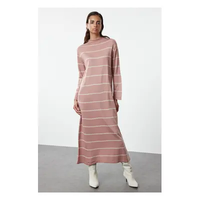 Trendyol Dusty Rose Stand Collar Striped Knitted Hijab Dress