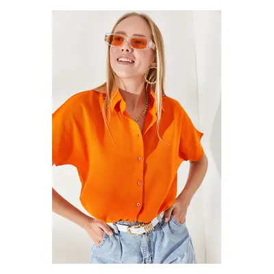 Olalook Women's Orange Bat Oversize Linen Shirt