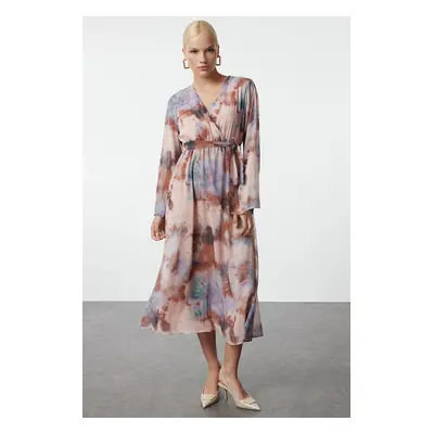 Trendyol Brown Abstract Pattern Belted A-Line Double Breasted Collar Lined Chiffon Maxi Woven Dr