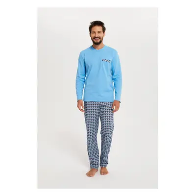 Jaromir men's pajamas with long sleeves, long pants - blue/print