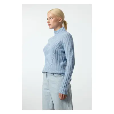 Trendyol Blue Soft Textured Knit Detailed Stand Collar Seamless Knitwear Sweater