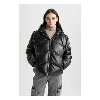 DEFACTO Waterproof Hooded Faux Leather Puffer Jacket