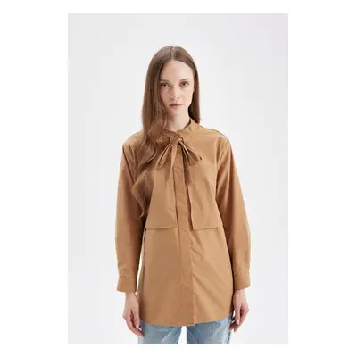 DEFACTO Relax Fit Bow Collar Poplin Long Sleeve Shirt Tunic