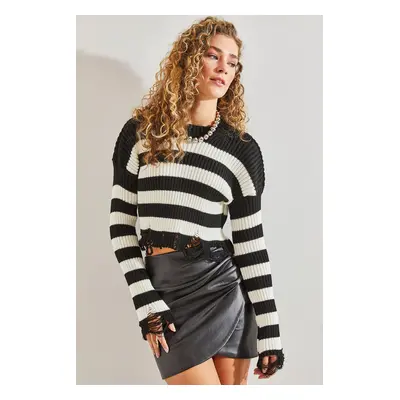 Bianco Lucci Women's Ripped Patterned Crop Striped Sweater