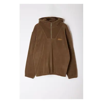 Trendyol Khaki Unisex Oversize/Wide Cut Half Zip Hooded Embroidered Polar Fleece Sweatshirt