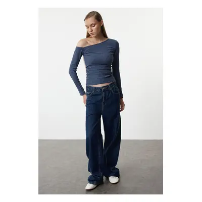 Trendyol Indigo Textured Asymmetric Gathered Boat Neck Fitted Knitted Blouse