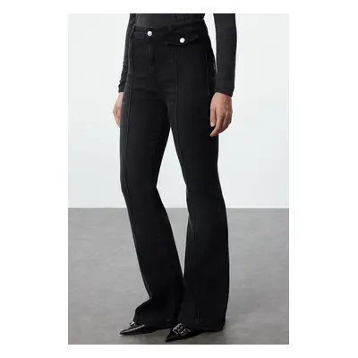 Trendyol Anthracite Ribbed High Waist Lycra Flare Jeans