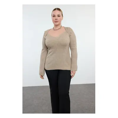 Trendyol Curve Mink Wide Collar Ribbed Knitwear Sweater