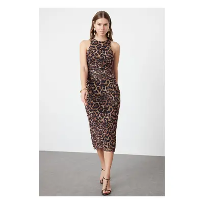 Trendyol Brown Multicolored Animal Patterned Leopard Knitted Tulle Elegant Evening Dress