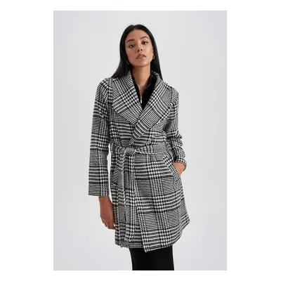 DEFACTO Regular Pattern Plaid Belted Cashmere Coat