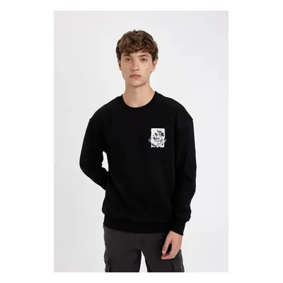 DEFACTO Men's Black Boxy Fit Crew Neck Printed Sweatshirt