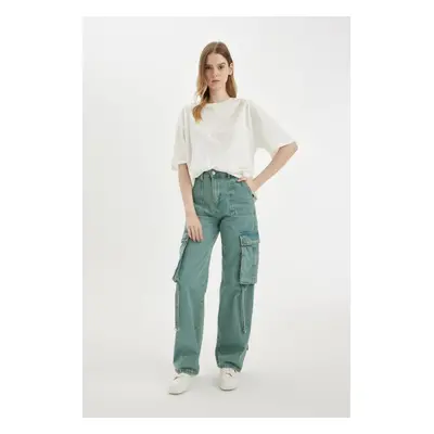 DEFACTO Wide Leg Cargo High Waist Long Jean Washed Trousers