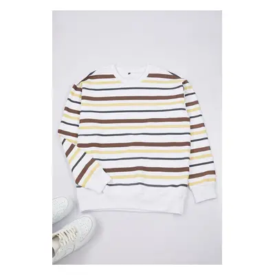 Trendyol Brown Oversize/Wide Cut Polar Fleece Striped Sweatshirt