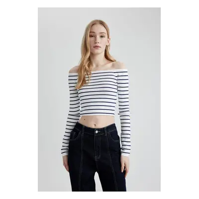 DEFACTO Slim Fit Striped Open Shoulder Sweater