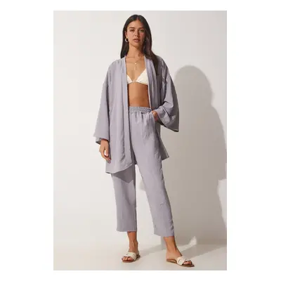 Happiness İstanbul Women's Gray Kimono Trousers Set