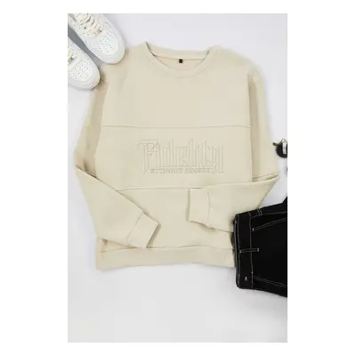 Trendyol Stone Oversize/Wide Cut Text Embroidered Inside Polar Fleece Sweatshirt