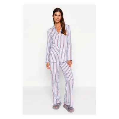 Trendyol Blue Striped Slit Detailed Shirt-Pants Woven Pajamas Set