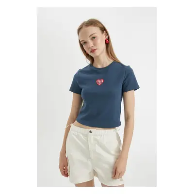 DEFACTO Cool Fitted Embroidery Print Heart Pattern Ribbed Short Sleeve T-Shirt