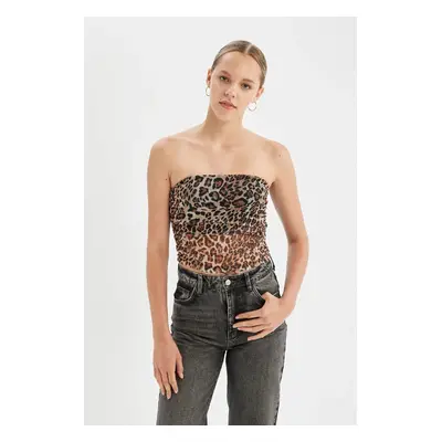 DEFACTO Leopard Patterned Strapless Tulle Blouse