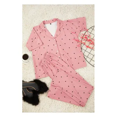 Trendyol Dusty Rose Heart Knitted Pajamas Set