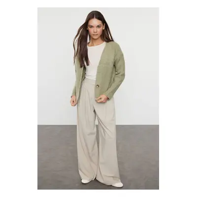 Trendyol Khaki Deep Neck Soft Textured Knitted Cardigan