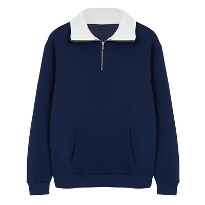 Trendyol Navy Blue Oversize/Wide Cut Stand Collar Sweatshirt