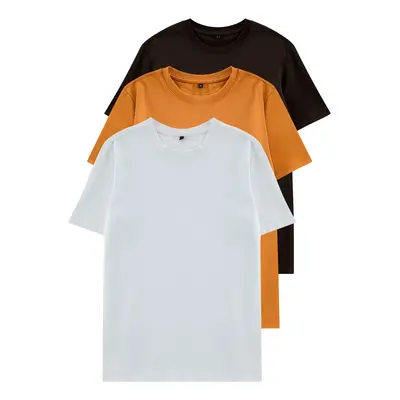 Trendyol Dark Brown-Orange-Ecru Basic Slim/Slim Cut 100% Cotton 3-Pack T-Shirt