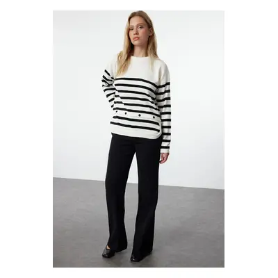 Trendyol Ecru Striped Functional Button Detailed Knitwear Sweater