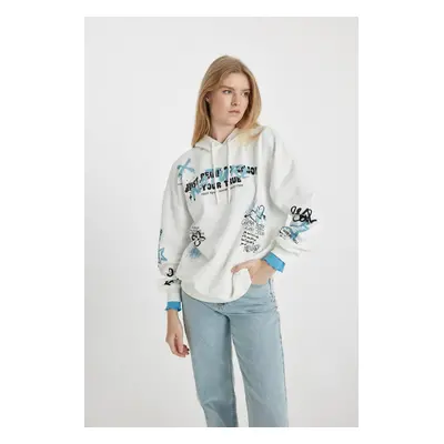 DEFACTO Cool Oversize Fit Hooded Printed Sweatshirt