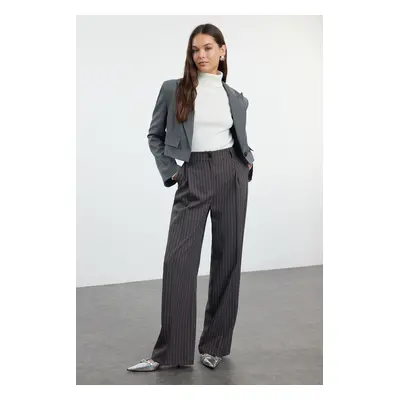 Trendyol Anthracite Striped Normal Waist Wide Leg/Wide Leg Woven Trousers