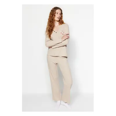 Trendyol Beige Cotton Embroidered and Button Detailed Ribbed Knitted Pajama Set