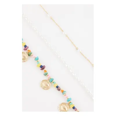 DEFACTO Women's 3-Piece Gold Necklace with Pearls and Seashells