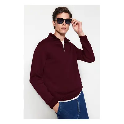 Trendyol Claret Red Regular/Normal Cut Stand Collar Zippered Cotton Basic Sweatshirt