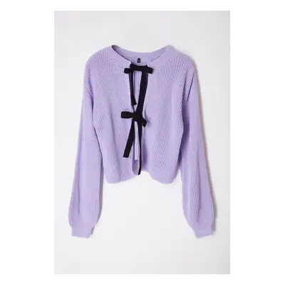 Trendyol Lilac Crop Double-Sided Wearable Ribbon/Bow Tie Detailed Knitwear Sweater