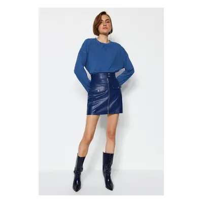 Trendyol Indigo Belt and Zipper Detail Faux Leather Mini-Weave Mini Skirt