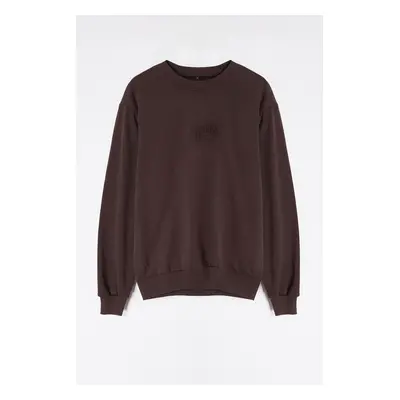 Trendyol Dark Brown Oversize/Wide Cut Embossed Text Printed Inside Polar Fleece Sweatshirt