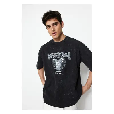 Trendyol Black Oversize/Wide Cut Aged/Faded Effect Rock Print 100% Cotton T-Shirt