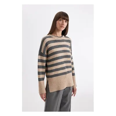 DEFACTO Oversize Wide Pattern Crew Neck Side Slit Striped Sweater