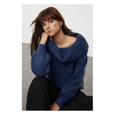 Trendyol Indigo Wide Pattern Soft Texture Cowl Neck Knitwear Sweater