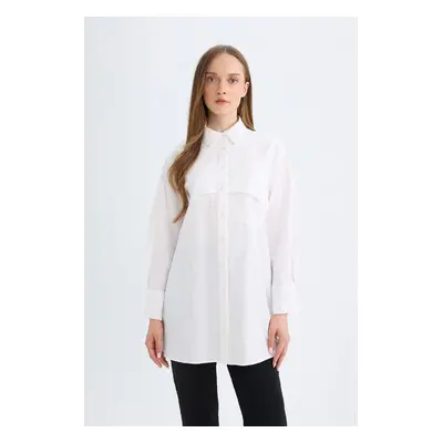 DEFACTO Women's White Relax Fit Shirt Collar Poplin Basic Plain Long Sleeve Shirt Tunic