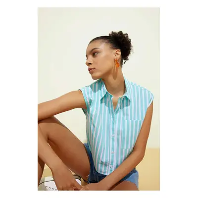 DEFACTO Cool Crop Top Shirt Collar Striped Poplin Sleeveless Shirt