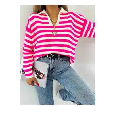 51782 Dewberry Polo Neck Striped Long Sleeve Sweater-FUCHSIA