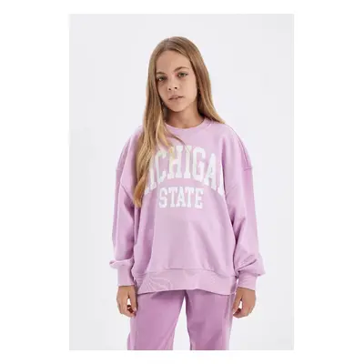 DEFACTO Girl's Purple Relax Fit Crew Neck Printed Sweatshirt