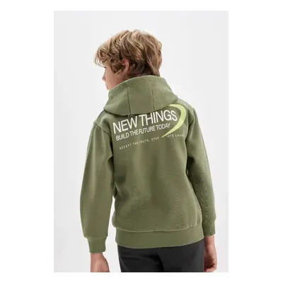 DEFACTO Boy Khaki Back Printed Hooded Pocket Sweatshirt