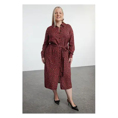 Trendyol Curve Tile Leopard/Animal Patterned Woven Buttoned Belted Midi Plus Size Shirt Dress