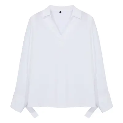 Trendyol Curve White Basic Long Sleeve Elastic Back Woven Plus Size Blouse