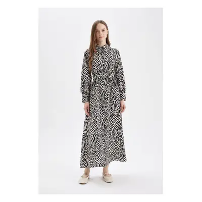 DEFACTO A-Line Patterned Shirt Collar Long Sleeve Maxi Basic Dress