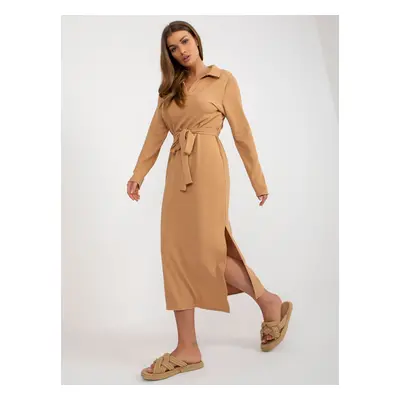 Camel ribbed midi dress