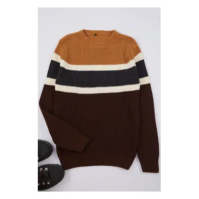 Trendyol Camel Men's Slim Fit Crew Neck Panelled Knitwear Sweater