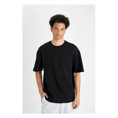 DEFACTO Men's Black Relax Fit Casual Cut Crew Neck Cotton Short Sleeve Basic T-Shirt